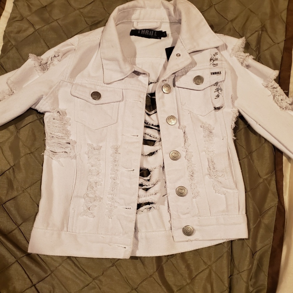 Distressed white denim jacket Sz Small